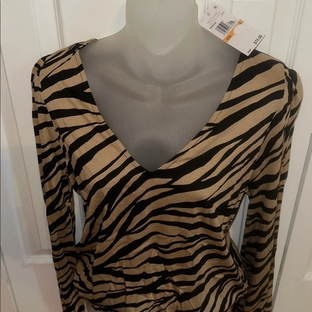 Michael Kors MK Women's Animal-Print Zebra Smocked Top Blouse Shirt Small S NWT